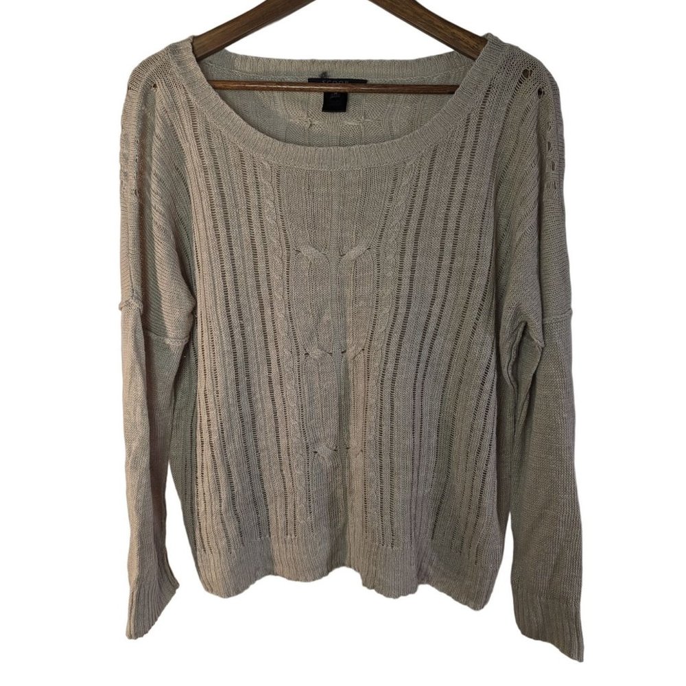 Scoop NYC open weave cable knit 100% linen dropped shoulder tan boho sweater szM